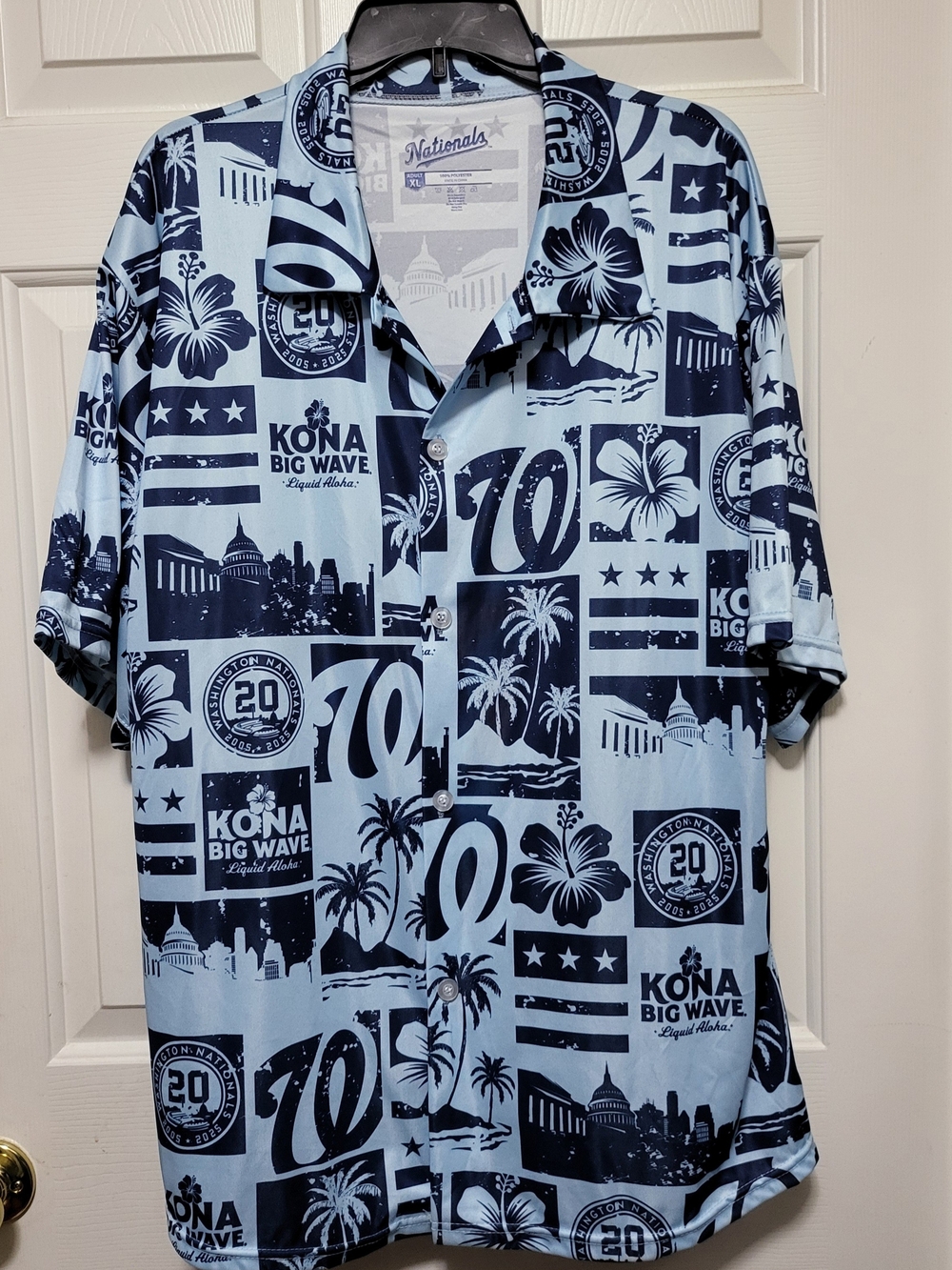 Washington Nationals Colab Kona Big Wave Light Blue & Navy Hawaiian Print Shirt